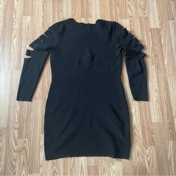 JENNIFER LOPEZ BLACK RIBBED SLEEVE CUT OUT DRESS - Picture 2 of 4